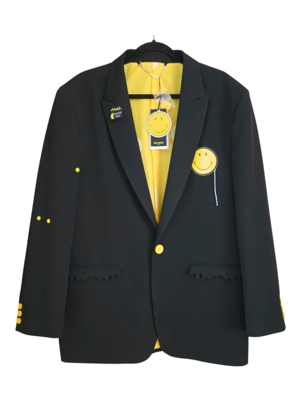 New 13DE MARZO x Smiley Blazer  Size L Black Yellow Pearl Bead Spellout *READ*